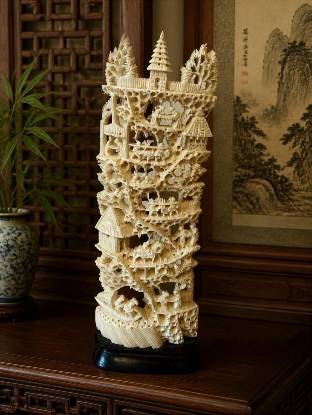 Vintage Chinese intricately Carved Ivory-Decorative Sculpture - Handcrafted